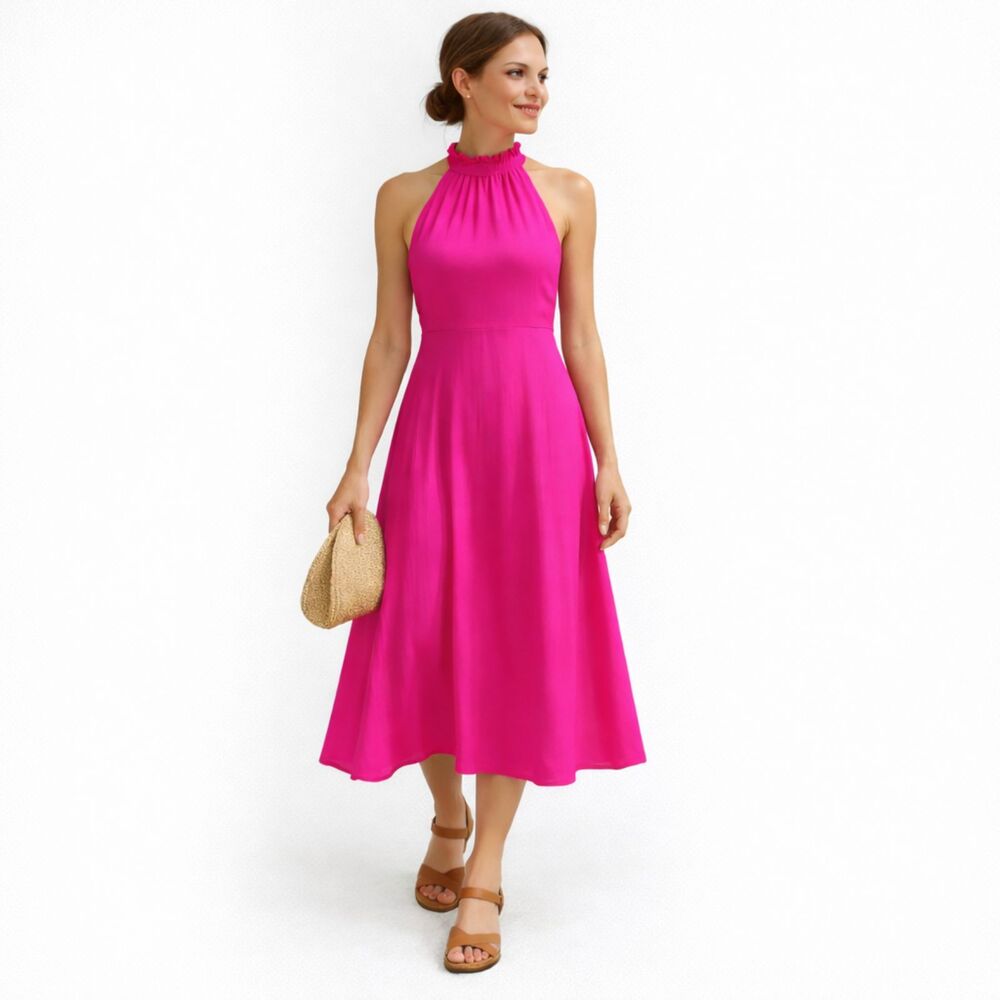 Banana Republic NEW MIX MIXTE Hot Pink Halter Maxi Dress Ruffle High Neck Size 6